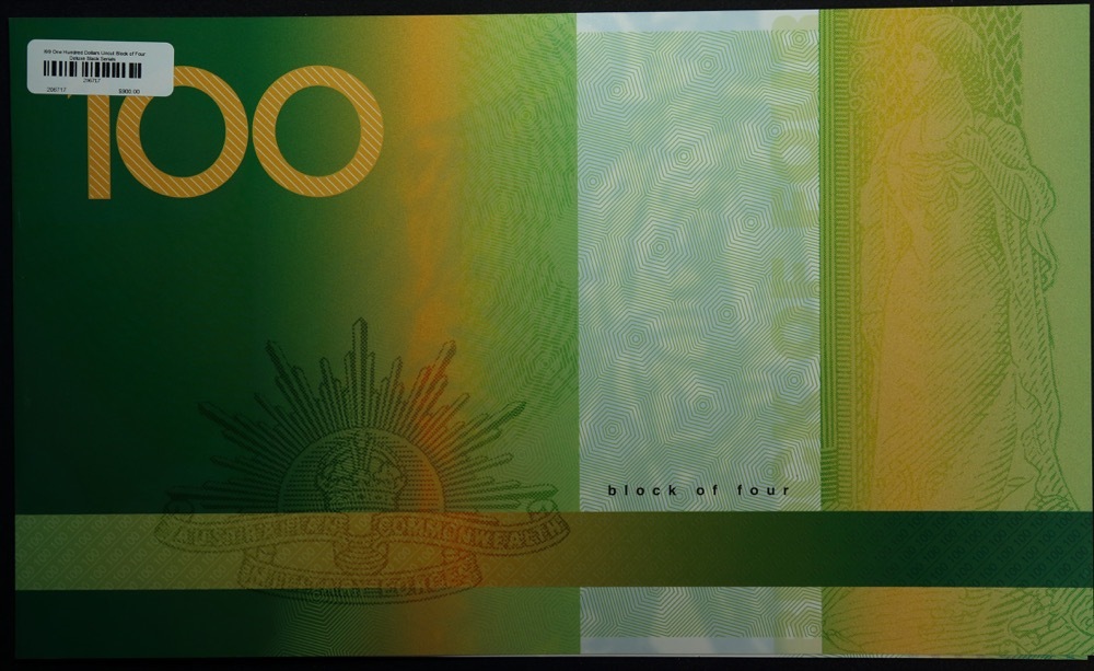 1999 One Hundred Dollars Uncut Block of Four Deluxe Black Serials product image