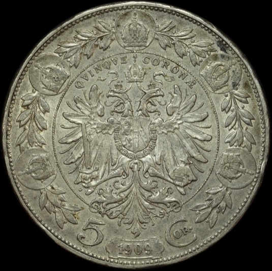 Austria 1909 Silver 5 Coronas KM# 2813 good EF product image