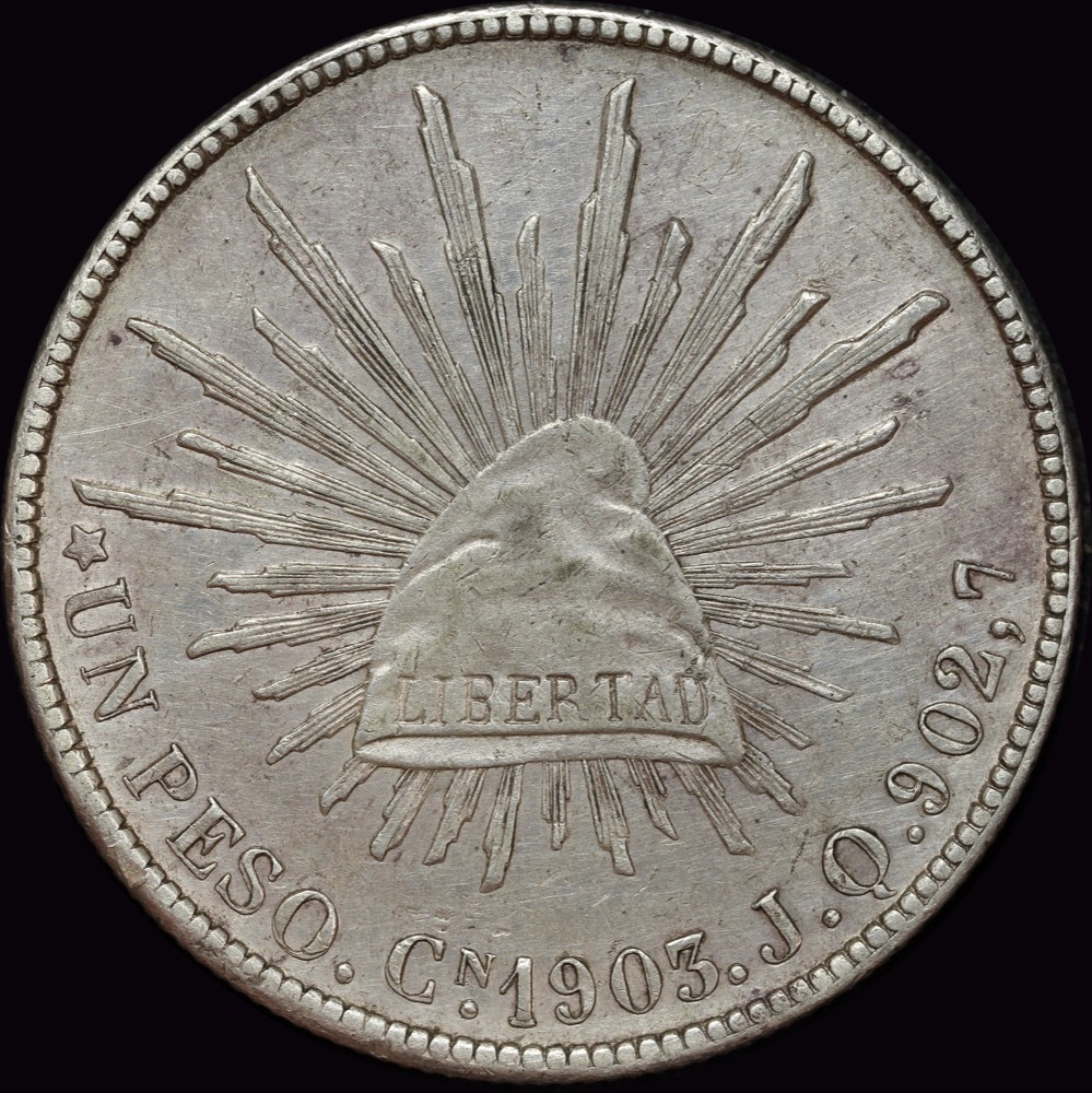 Mexico 1903 Cn JQ Silver Peso KM# 409 good EF product image
