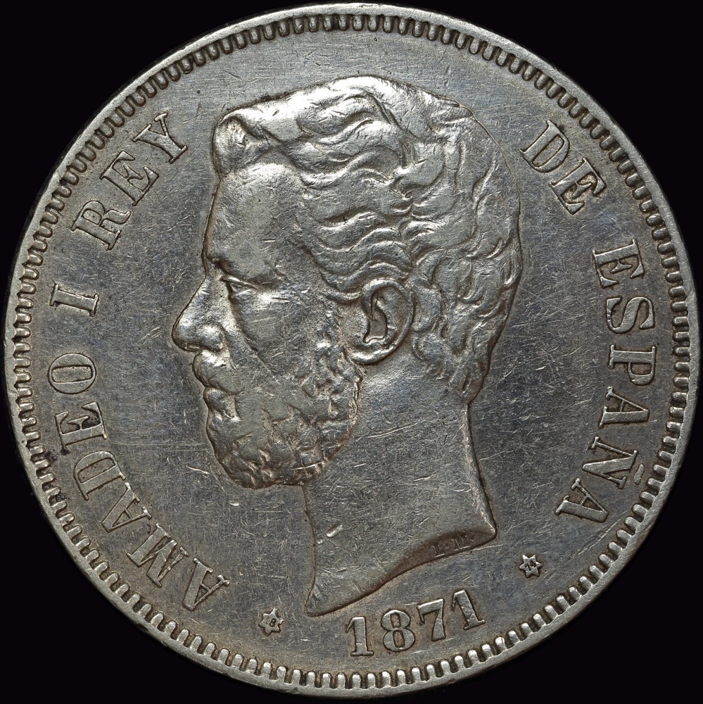 Spain 1871 (74) DE-M Silver 5 Pesetas KM# 666 good VF product image