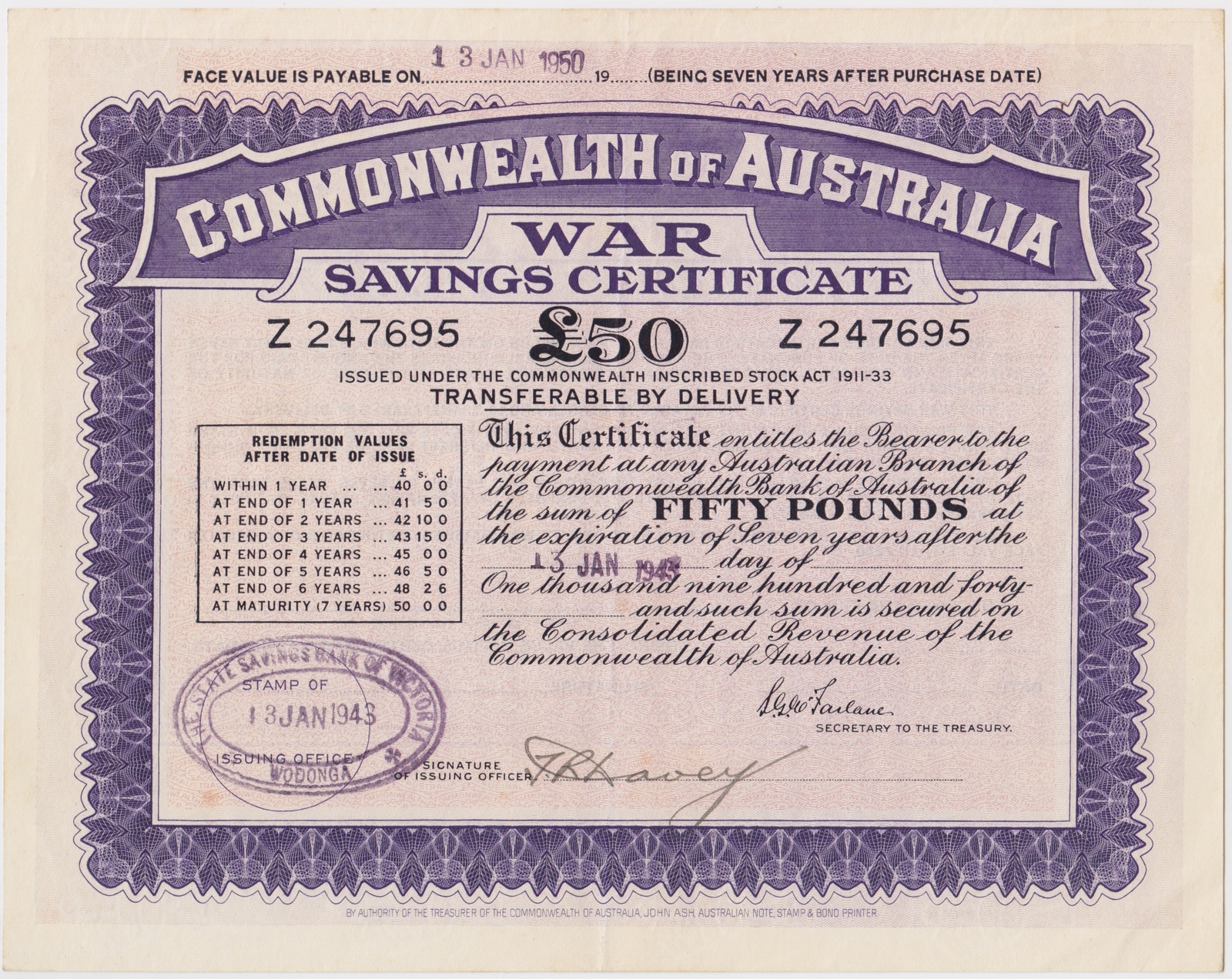Australia 1943 War Savings Certificate for Fifty Pounds Wodonga good EF product image