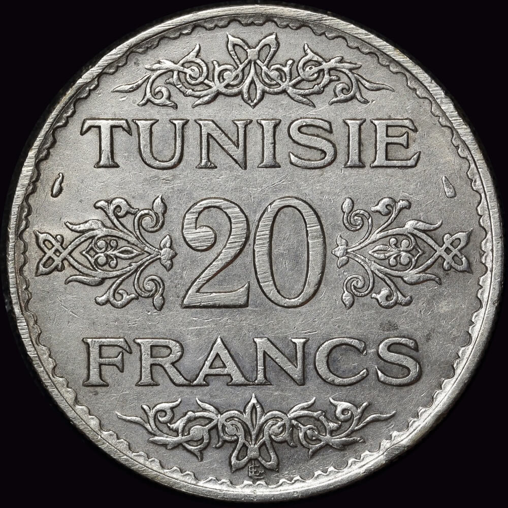 Tunisia 1934 Silver 20 Francs KM# 263 good EF product image