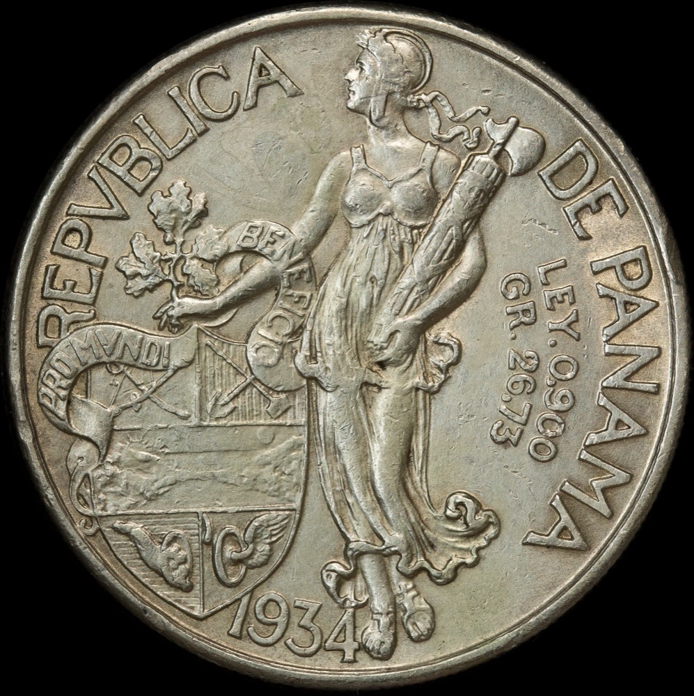 Panama 1934 Silver 1 Balboa KM# 13 good EF product image