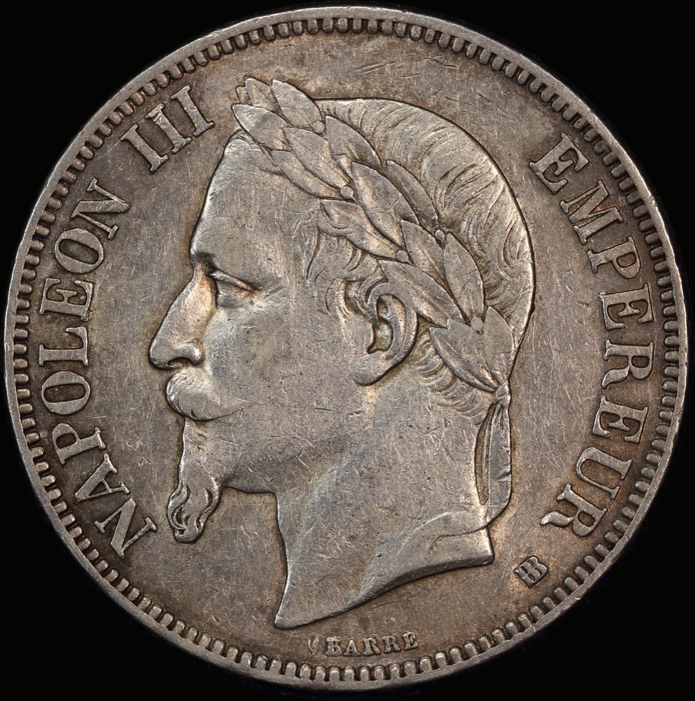 France 1868-BB Silver 5 Francs KM# 799.1 good VF product image