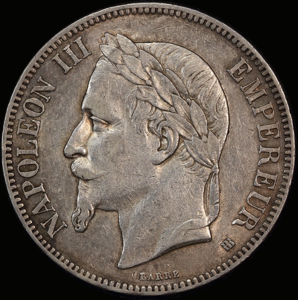 France  1868-BB Silver 5 Francs KM# 799.1 good VF product image