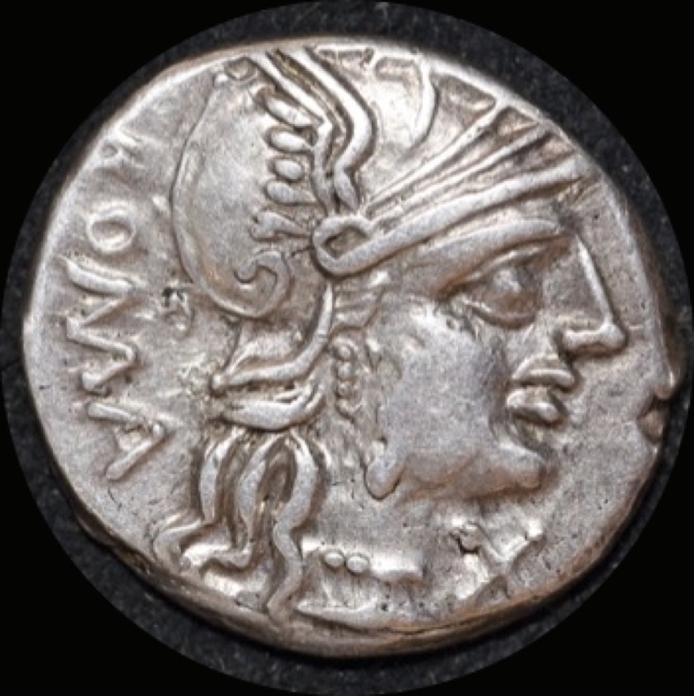 Ancient Rome (Republic)  135 B.C.  C. Minucius Augurinus Silver Denarius Column  RRC 242/1 good VF product image