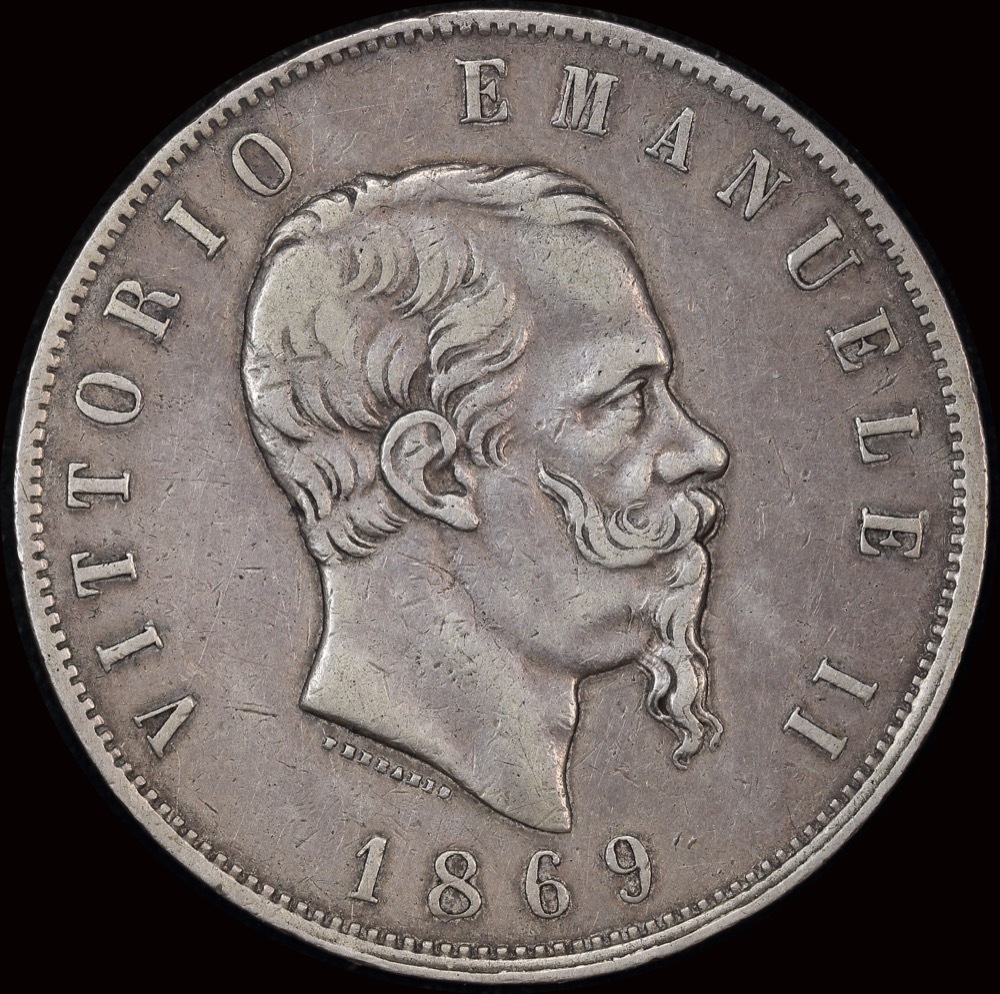 Italy 1869 Silver 5 Lire KM# 8.3 good VF product image