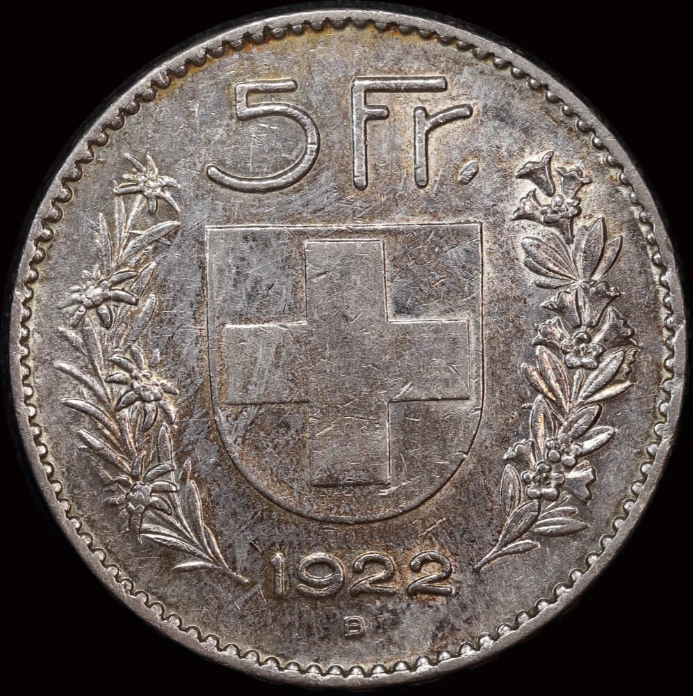 Switzerland 1922-B Silver 5 Francs KM# 37 good EF product image