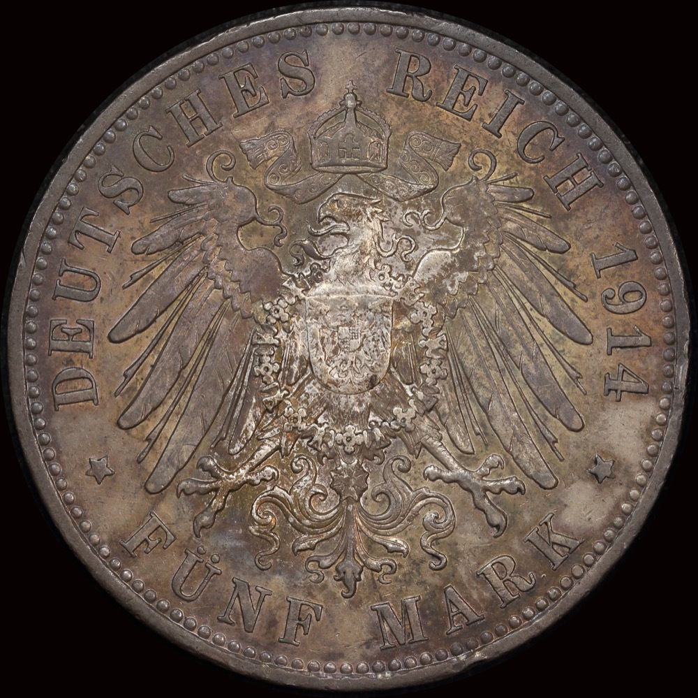 German States (Prussia) 1914-A Silver 5 Marks KM# 536 good EF product image
