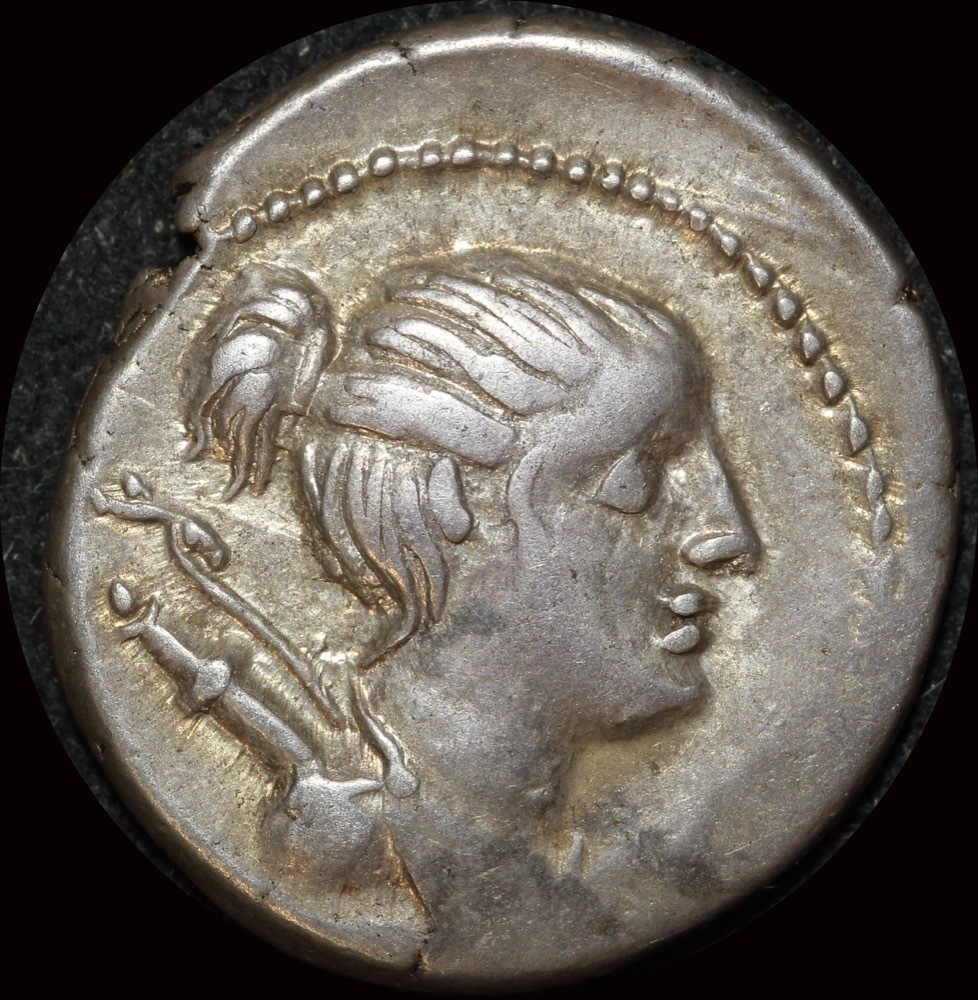 Ancient Rome (Republican)  74 BC C. Postumius Silver Denarius Hound  RRC 394/1b good VF product image