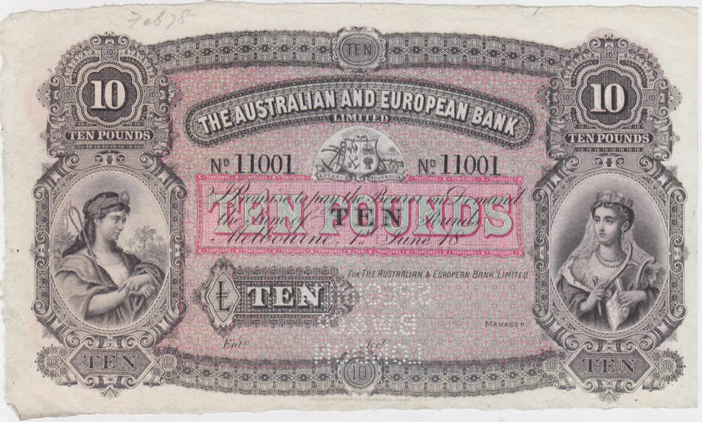 Australian and European Bank (Melbourne) 1878 Ten Pounds Unissued Specimen Note