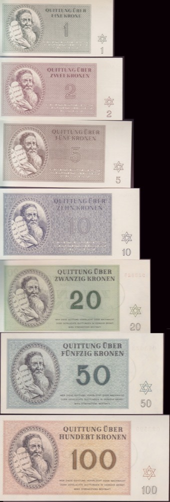 Czechoslovakia - Theresienstadt Ghetto / Concentration Camp 1943 Set of 7 Notes (1 Kroner ~ 100 Kroner) P# Uncirculated product image
