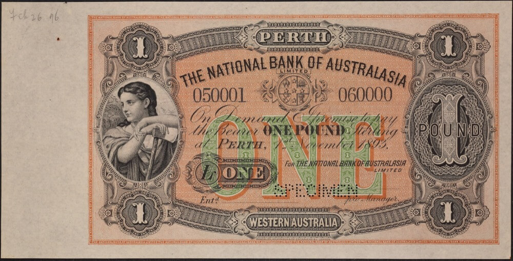 National Bank of Australasia (Perth) 1893 One Pound Unissued Specimen Note MVR# 4 Uncirculated product image