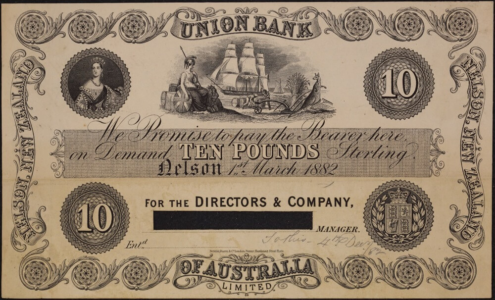 Union Bank of Australia (Nelson) 1882 10 Pound Unissued Printer's Proof P# S.358 good EF product image