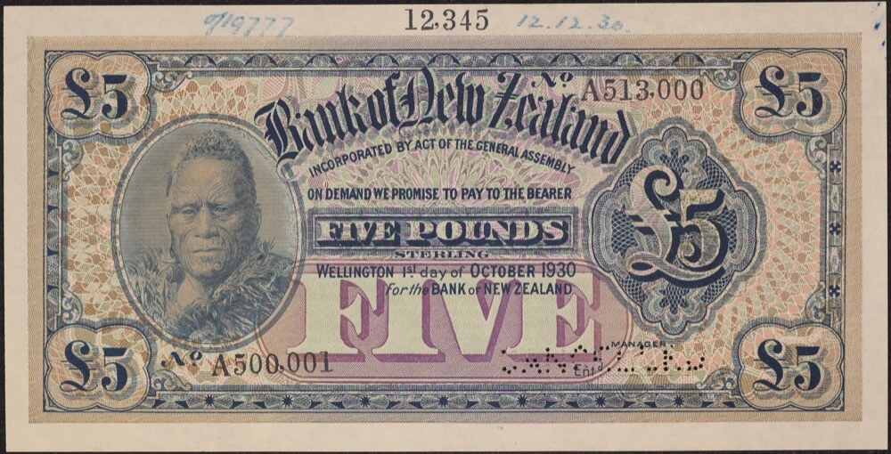 New Zealand 1930 5 Pound Unissued Specimen Note Pick#235 good EF product image