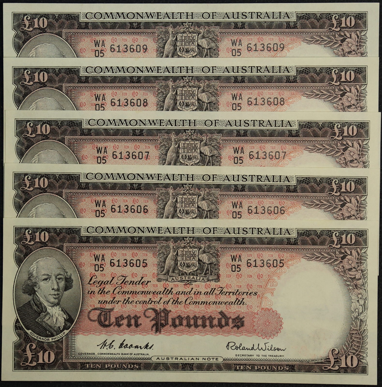1954 Ten Pound Consecutive Run of 5 Notes Coombs/Wilson R62 about Unc product image