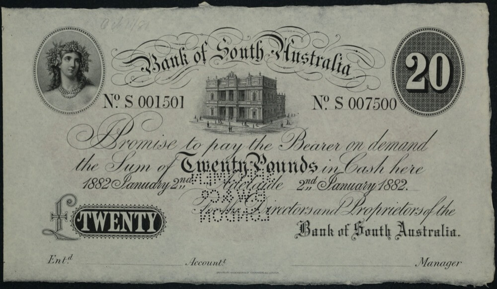 Bank of South Australia (Adelaide) 1882 20 Pounds Unissued Specimen Note MVR# 3a Uncirculated product image