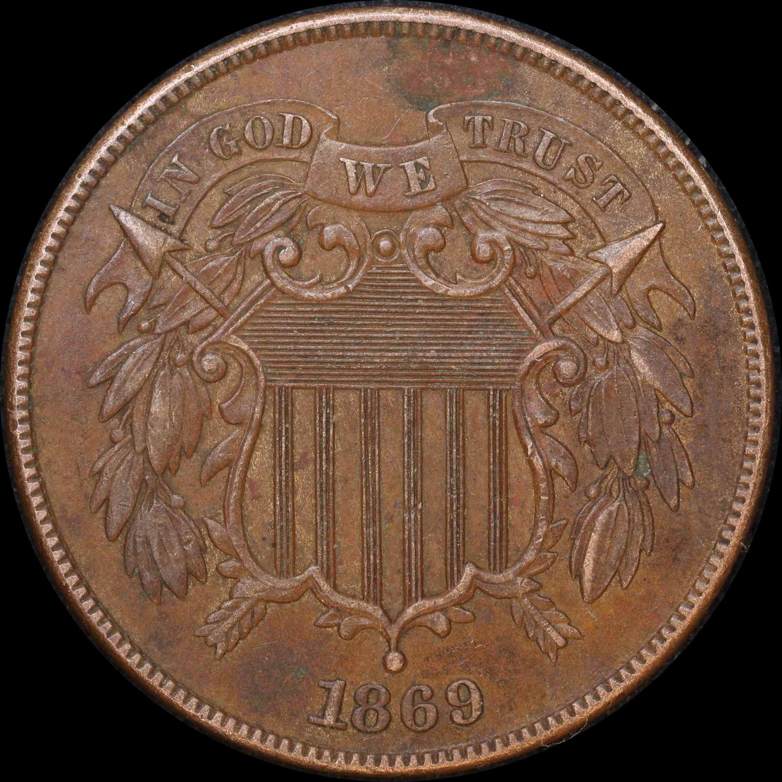 United States 1869 Copper 2 Cents KM# 94 about Unc product image