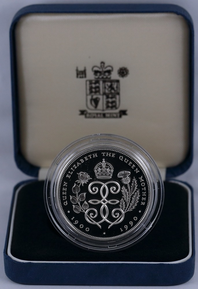 1990 Silver Proof 5 Pounds Elizabeth II S#L1 Queen Mother Commemorative FDC product image