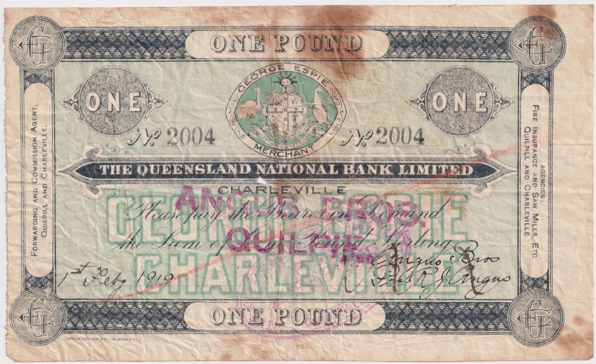 George Espie (Charleville) One Pound Private Trader's Note 1919 Fine product image