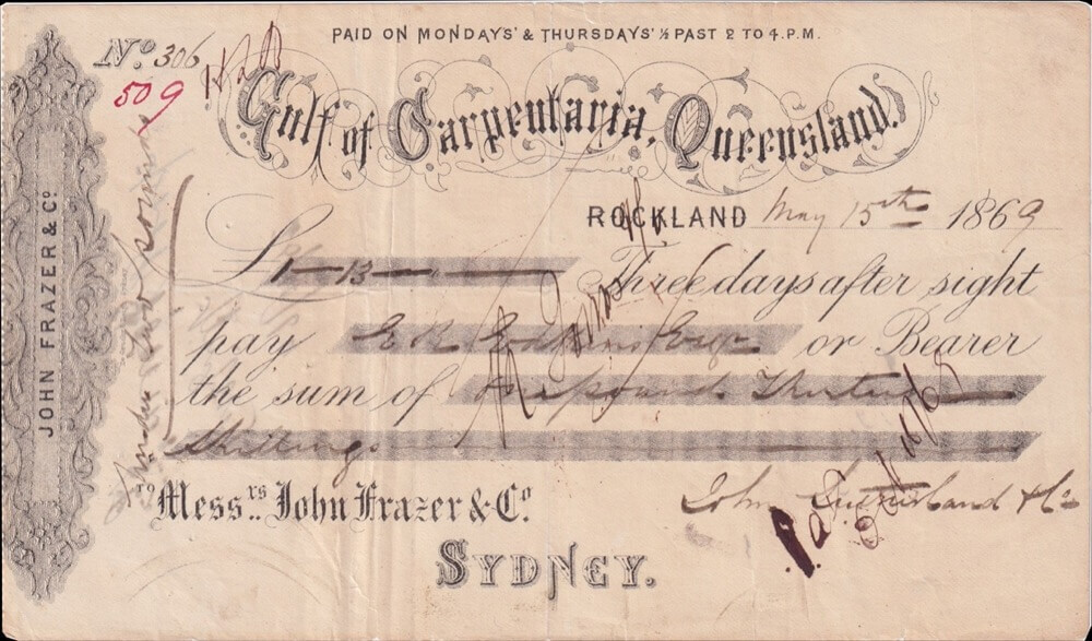 John Frazer (Gulf of Carpentaria) 1869 Sight Note about VF product image