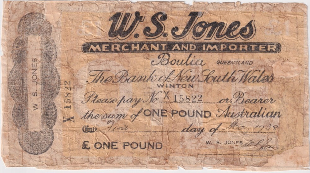 WS Jones (Boulia) 1938 One Pound Note Very Good product image
