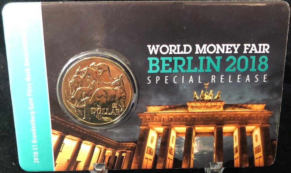 2018 Carded One Dollar Uncirculated Coin Berlin World Money Fair - Brandenburg Gate Privy Mark product image