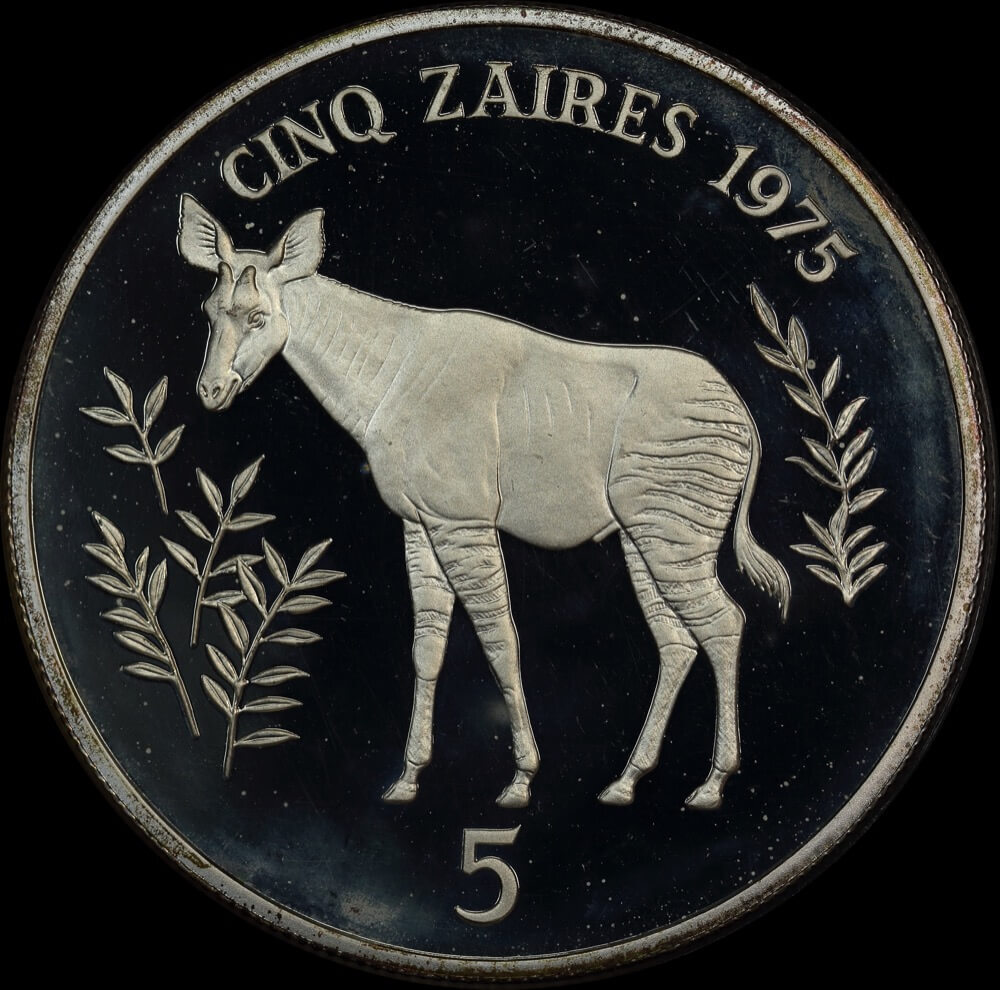 Zaire 1975 Silver Proof 5 Zaires - Okapi KM# 10  product image
