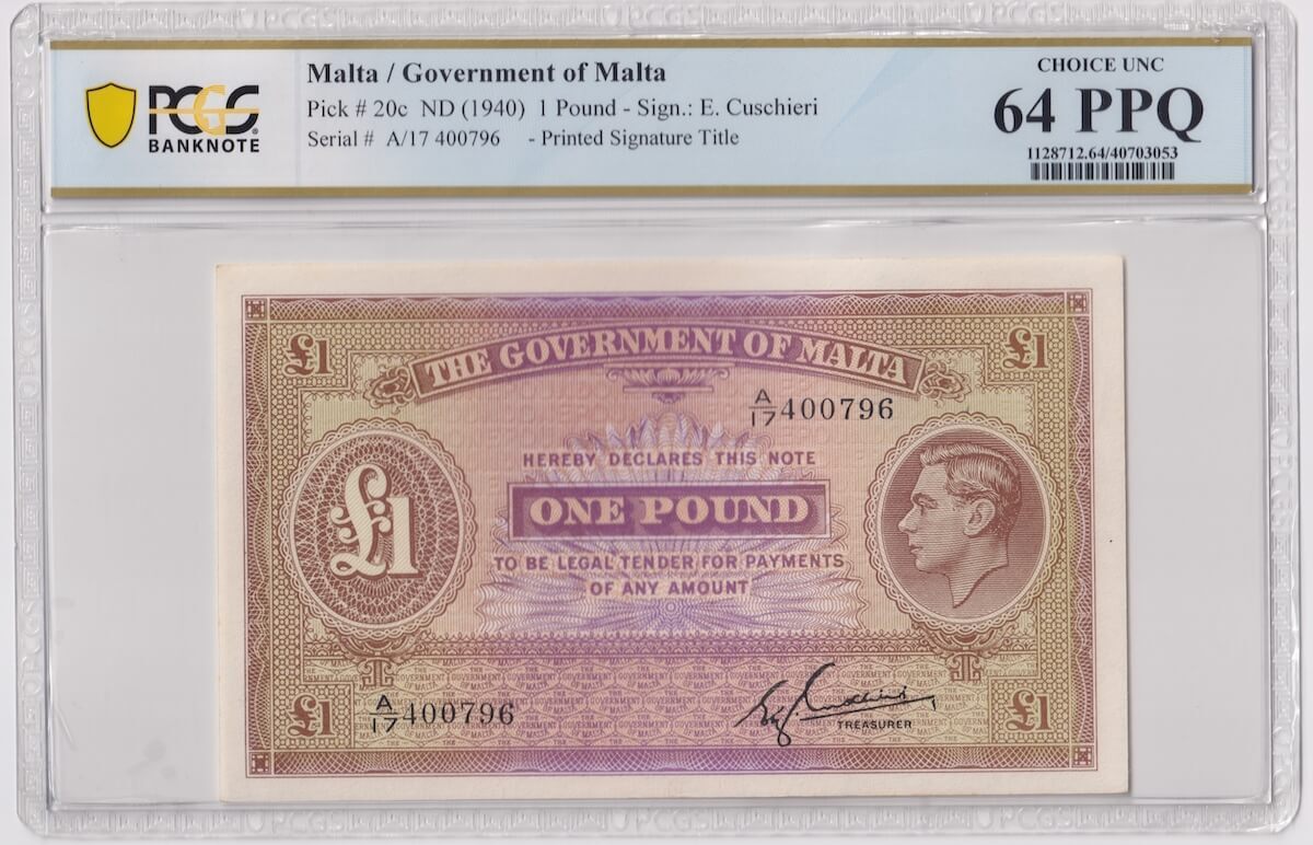 Malta 1940 One Pound P# 20C PCGS 64PPQ product image