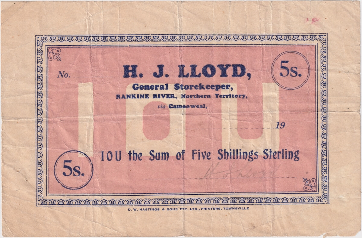 HJ Lloyd ca1931 Shinplaster for Five Shillings (Rankine River NT) Fine product image