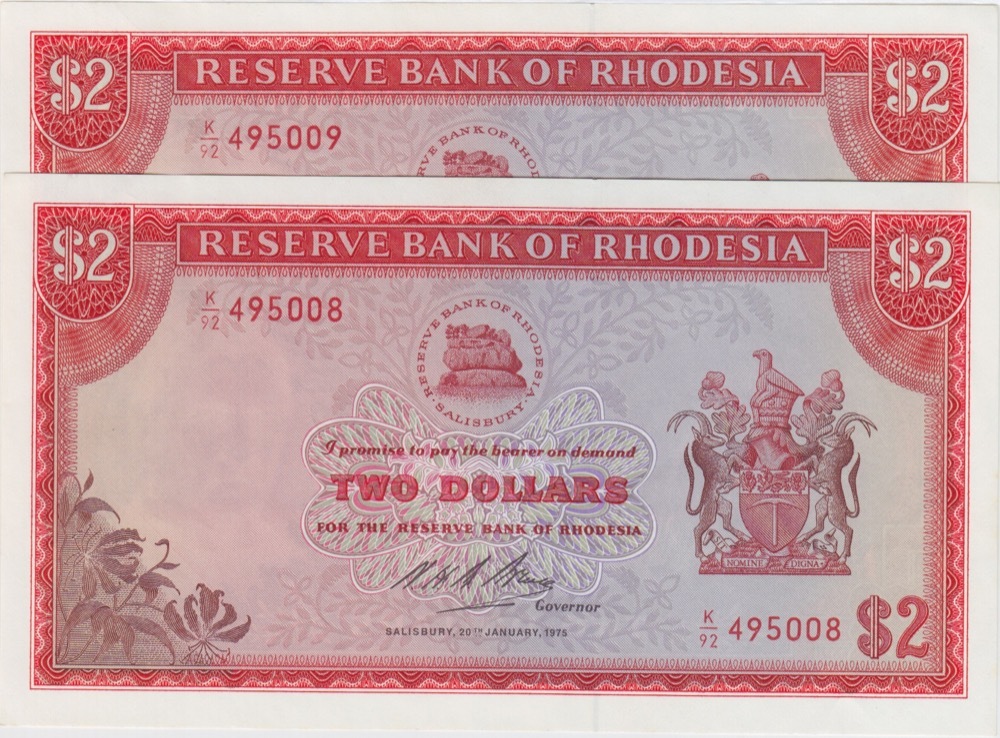 Rhodesia 1975 2 Dollars Consecutive Pair Rhodes Watermark Pick#31B Uncirculated product image