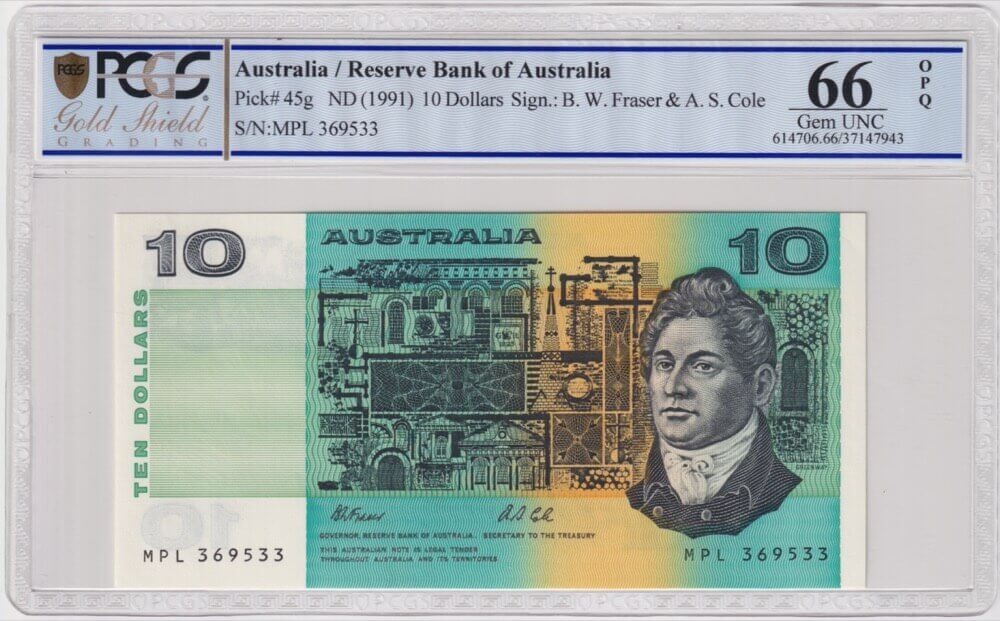1991 $10 Note Paper Fraser/Cole Without PIL R313b Gem Unc PCGS 66 product image