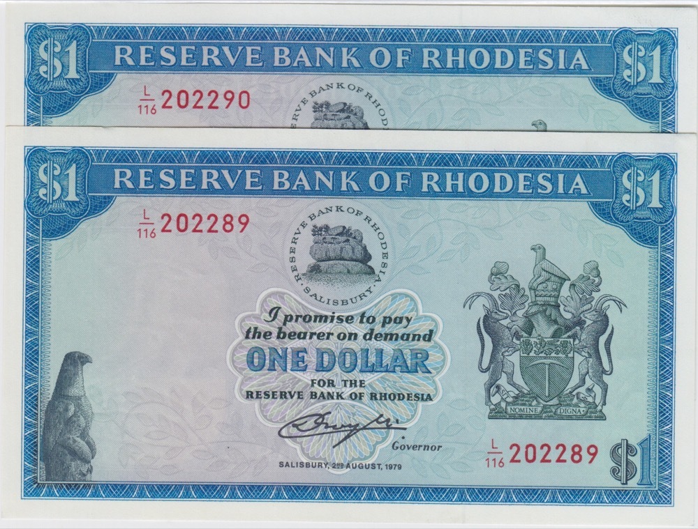 Rhodesia 2.8.1979 1 Dollar Consecutive Pair Bird Watermark Pick#30o Uncirculated product image