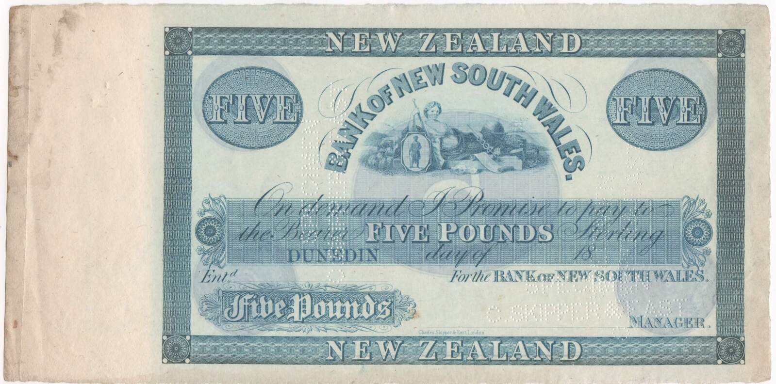 New Zealand (Bank of NSW) 1870~1890 5 Pound Unissued Specimen Note Pick# PS147 about Unc product image
