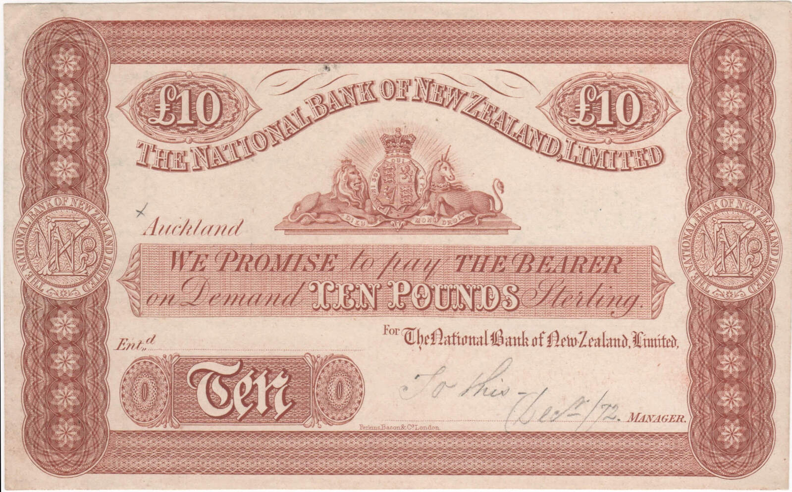 New Zealand (Nat Bank of NZ) 1872 10 Pound Unissued Printer's Proof Note Pick# PS293 about Unc product image