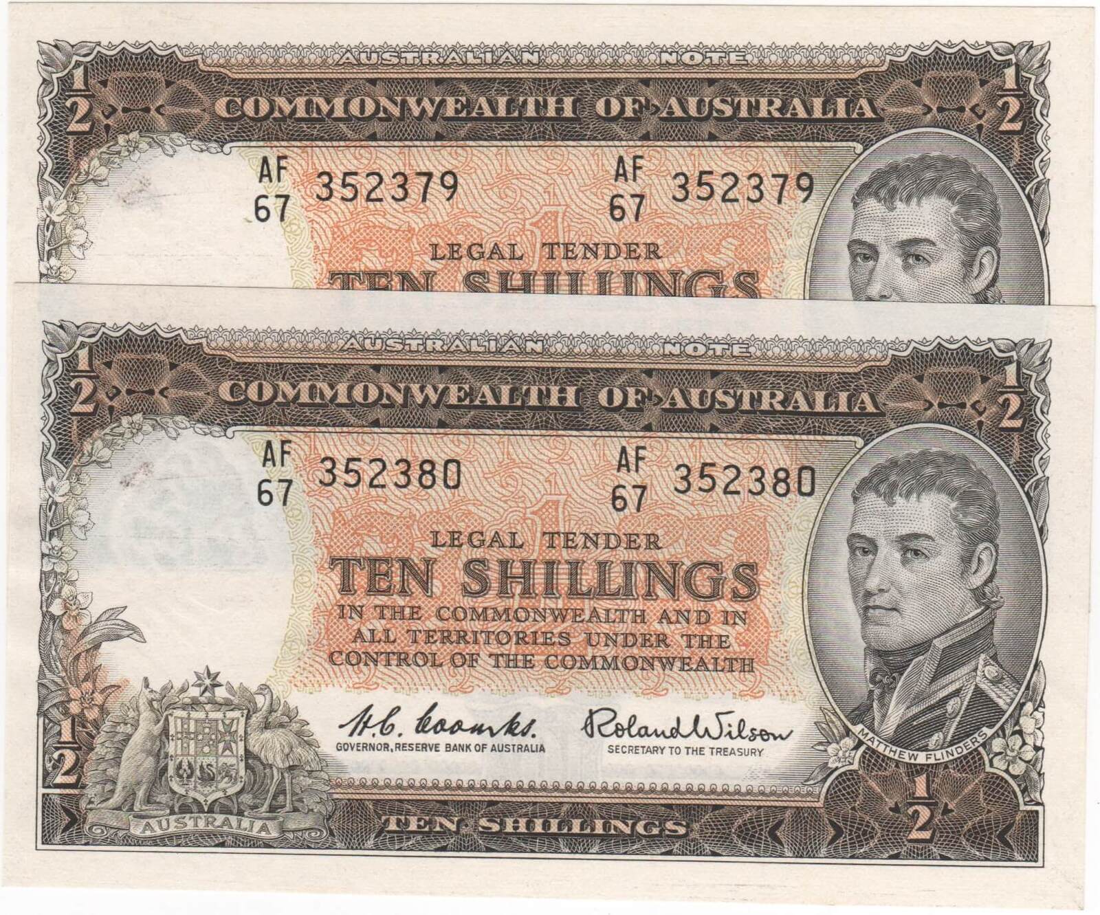 1961 Ten Shilling Consecutive Pair Coombs/Wilson R17 good EF product image