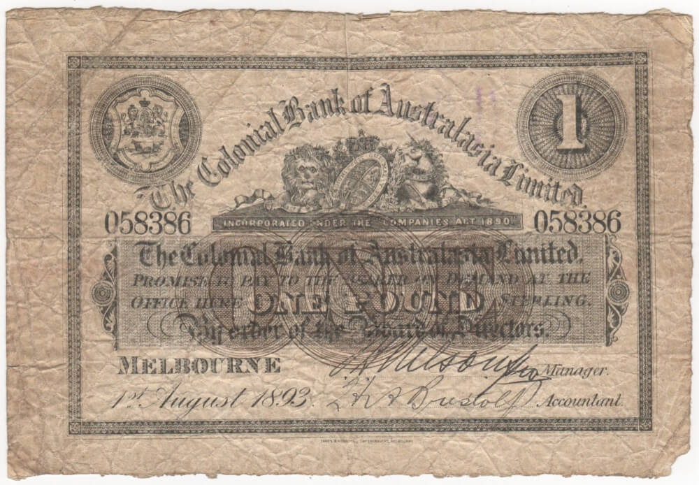 Colonial Bank of Australasia (Melbourne) 1893 One Pound Issued Note MVR# 3a Fine product image