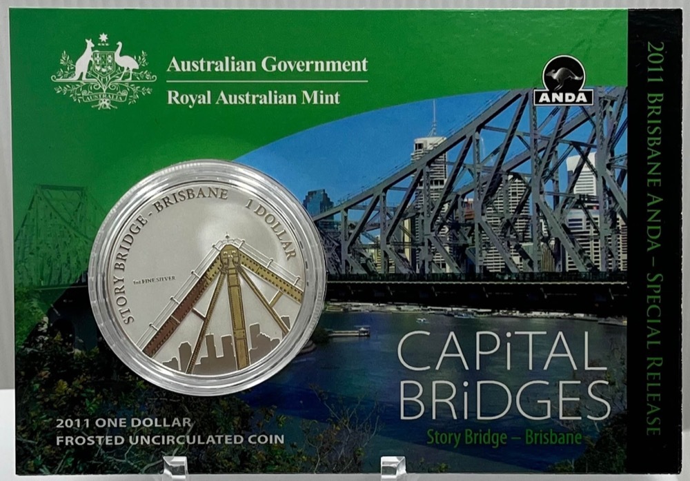 2011 Silver One Dollar Frosted Unc Coin Capital Bridges - Brisbane Story product image