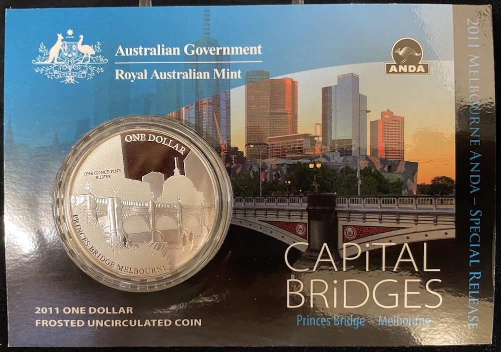 2011 Silver One Dollar Frosted Unc Coin Capital Bridges - Melbourne Princes product image