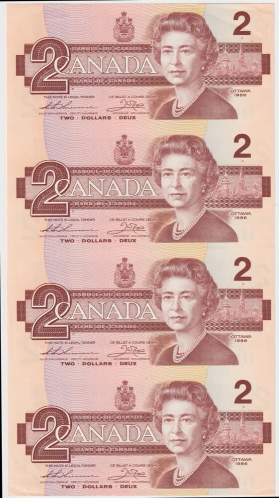 Canada 1986 Uncut Vertical Block of 4 $2 Notes Thiessen Crowe product image
