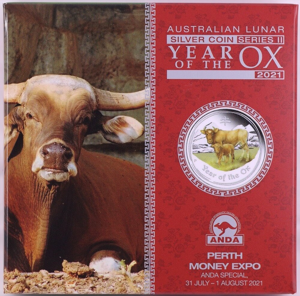 2021 Silver Lunar Two Ounce Coloured Proof Coin Lunar Ox Perth Money Expo Special product image