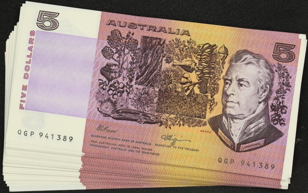 1990 $5 Note Fraser/Higgins R212 about Uncirculated Consecutive Run of 62 product image