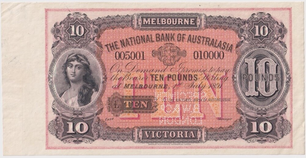 National Bank of Australasia (Melbourne) 1891 Ten Pounds Unissued Specimen Note MVR# 4m Uncirculated product image