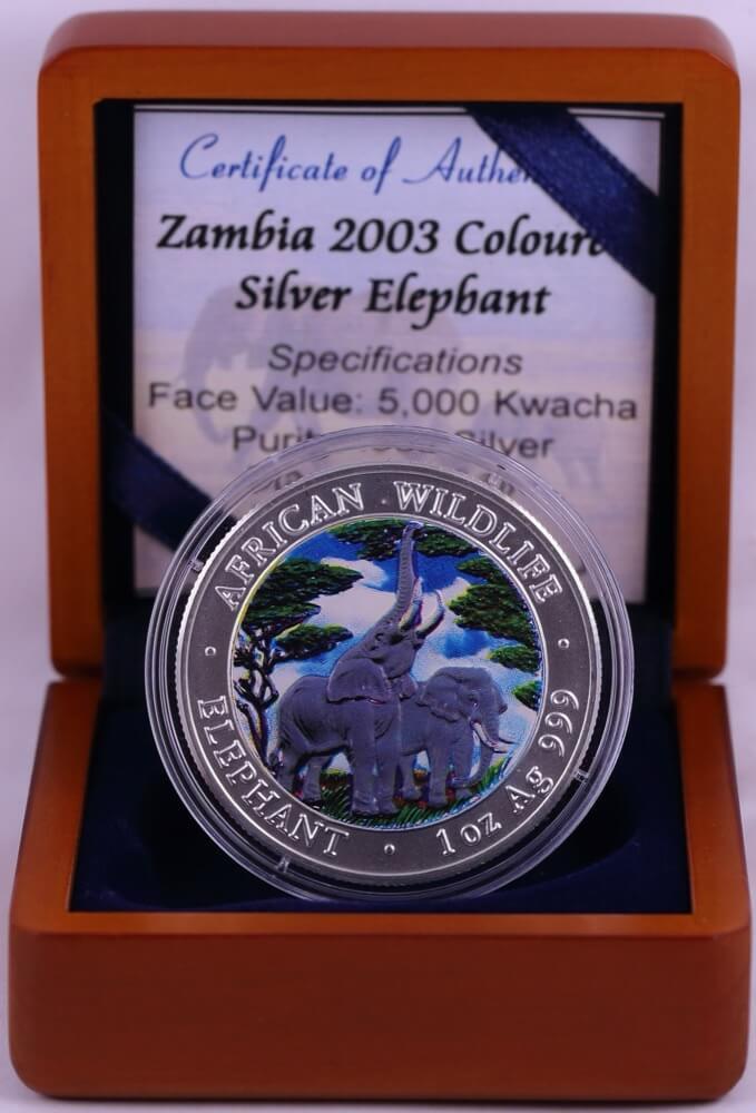 Zambia 2003 Silver Matte 5,000 Kwacha KM# 186 Coloured Elephants Uncirculated product image