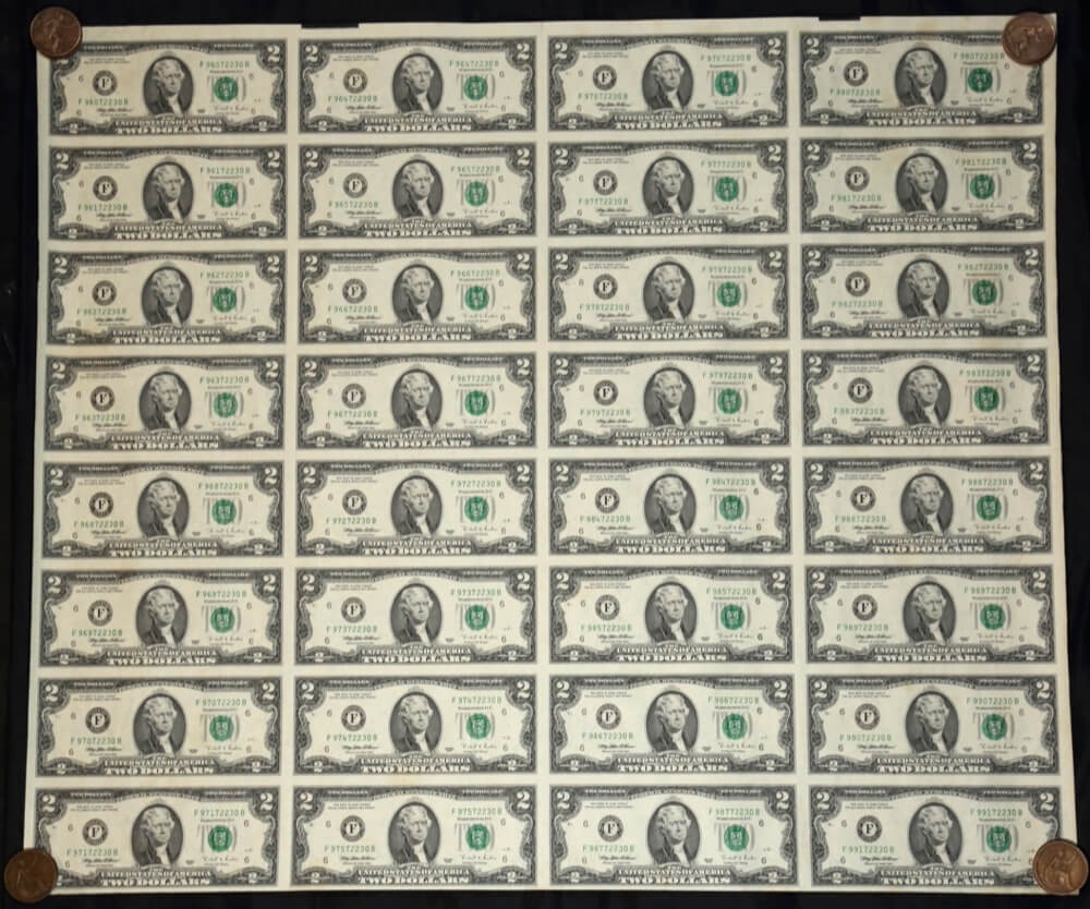 United States 1995 Uncut Sheet of 32 2 Dollar Notes Uncirculated product image