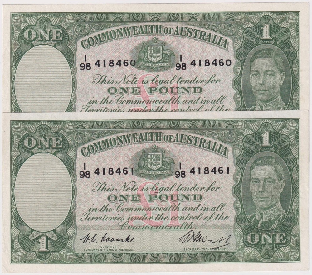 1949 One Pound Consecutive Pair Coombs/Watt R31 good VF product image
