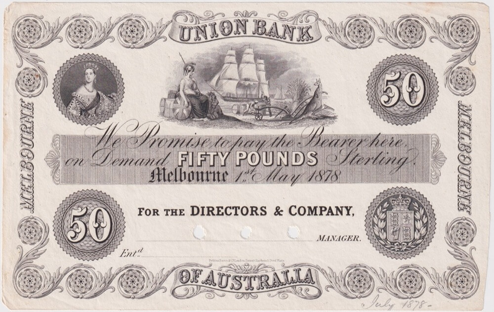 Union Bank of Australia (Melbourne) 1878 50 Pounds Unissued Printer's Proof MVR# 2 Uncirculated product image