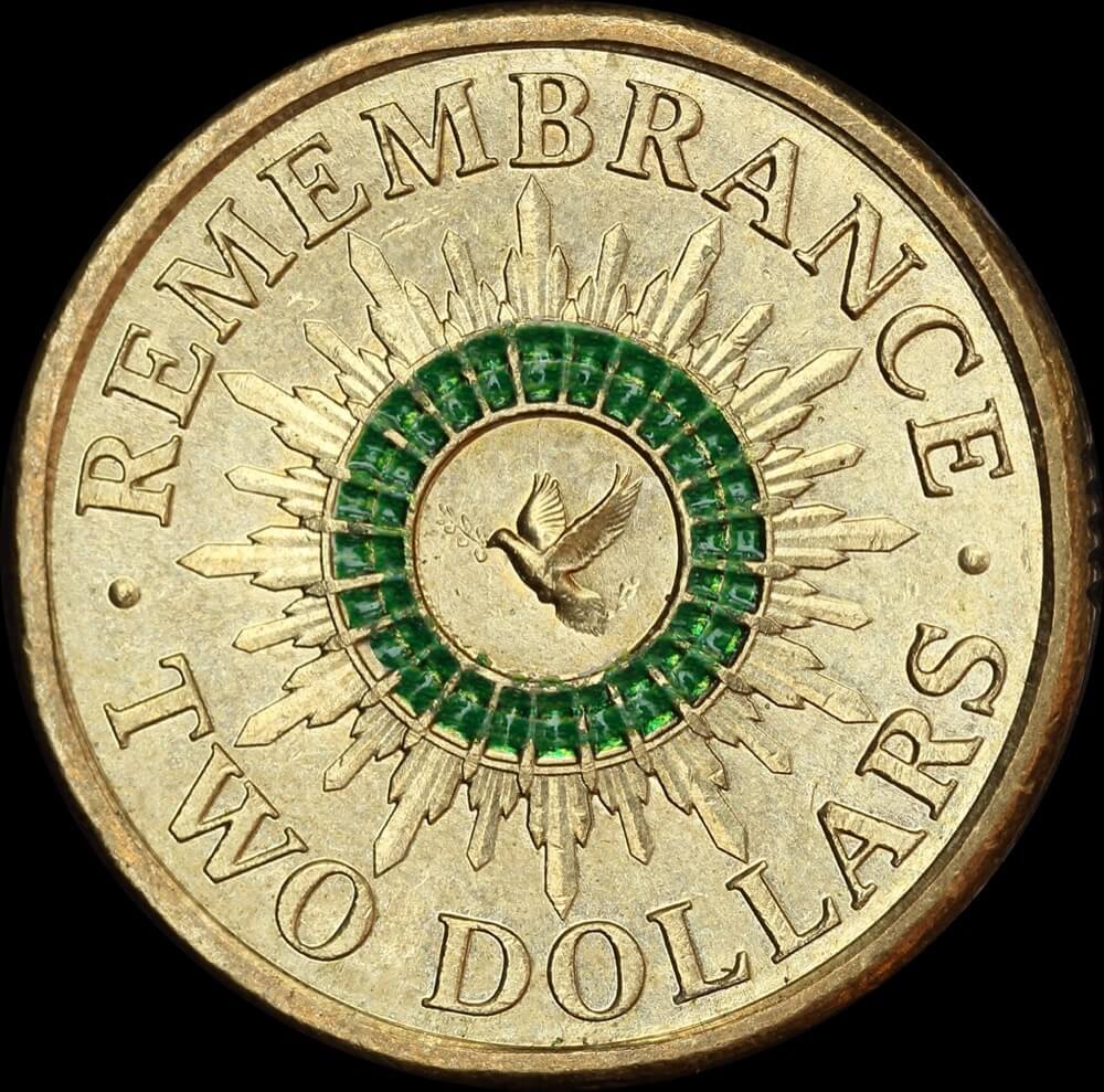 2014 Coloured 2 Dollar Coin Remembrance Day - Green Dove about Unc product image