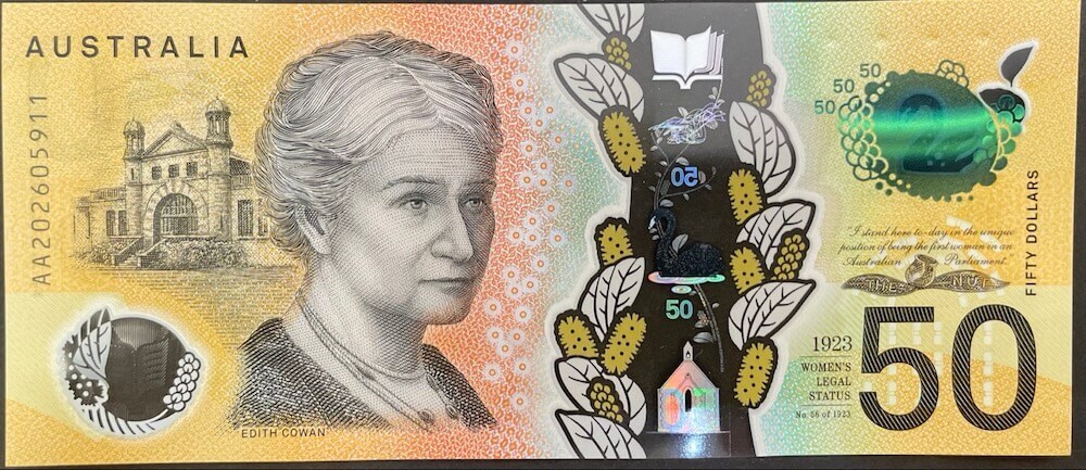 Australia 2020 Fifty Dollars AA20 First Prefix Lowe / Gaetjens R#527F Uncirculated product image