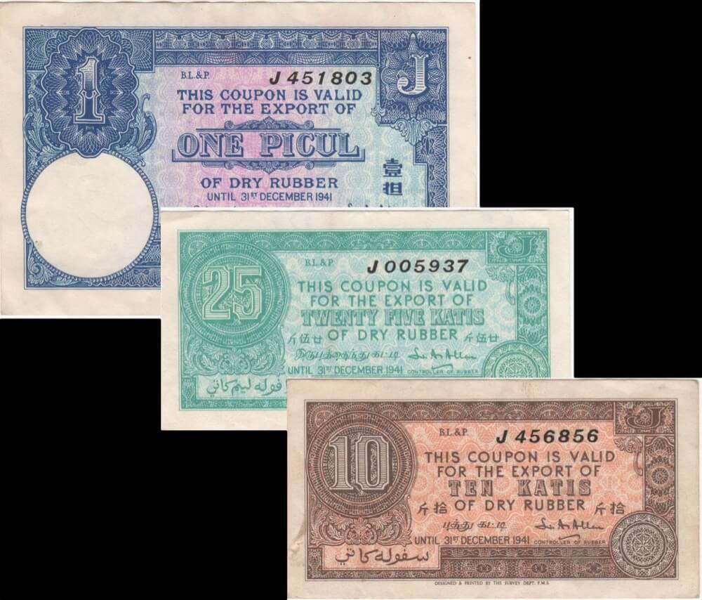 Malaya 1941 Trio of Rubber Coupons - 10 and 25 Katis, 1 Picul P#  Extremely Fine product image